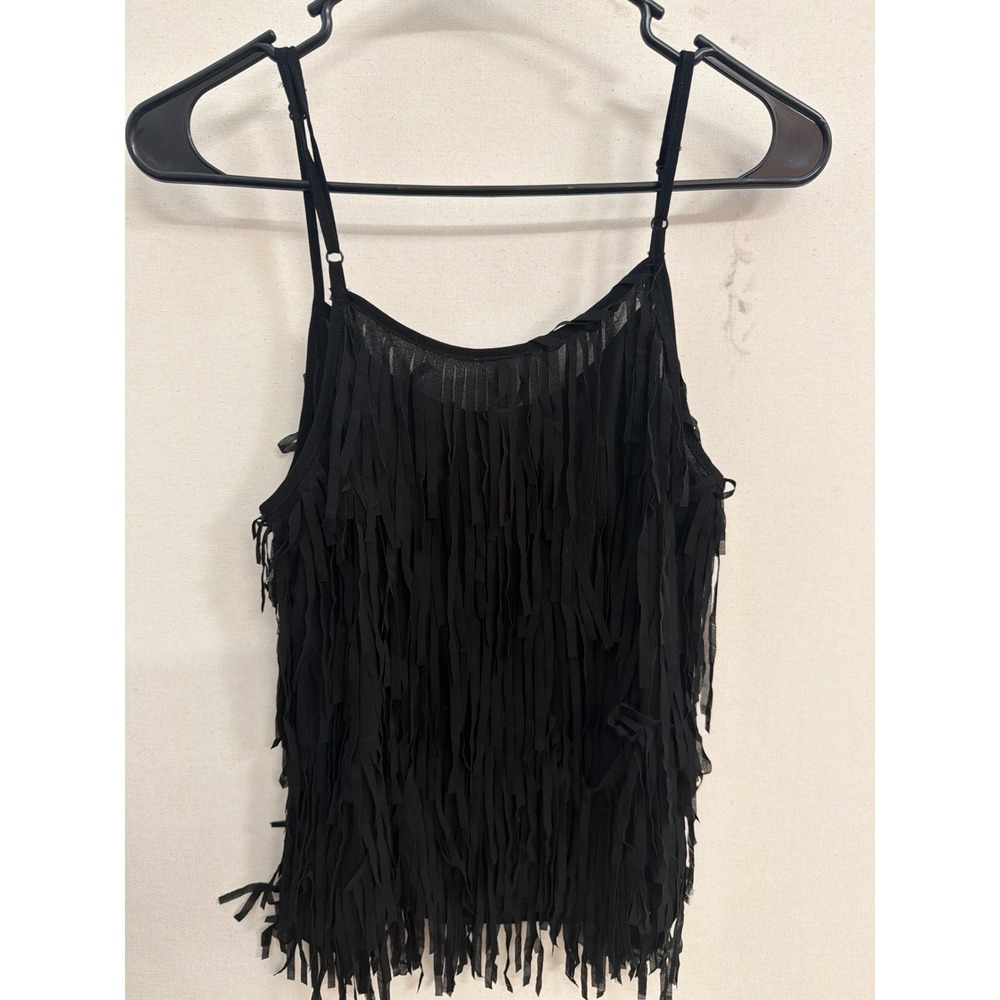 Le Shop Black Fringe Camisole Tank Top Sheer Mesh Tiered Sleeveless Medium